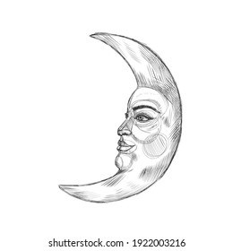 Vector illustration set of moon phases. Different stages of moonlight activity in vintage engraving style. Zodiac Signs, shining crystals, female hand