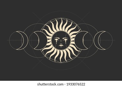 Vector illustration set of moon phases. Different stages of moonlight activity in vintage engraving style. Zodiac Signs