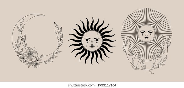 Vector illustration set of moon phases. Different stages of moonlight activity in vintage engraving style. branches of plants and flowers. sacred isoteric geometry