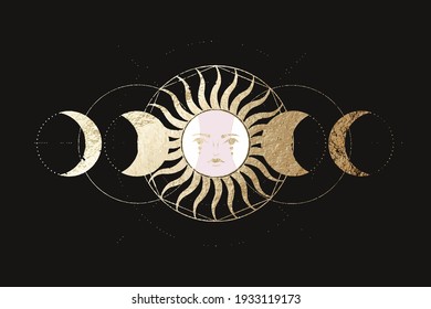 Vector illustration set of moon phases. Different stages of moonlight activity in vintage engraving style. branches of plants and flowers. sacred isoteric geometry