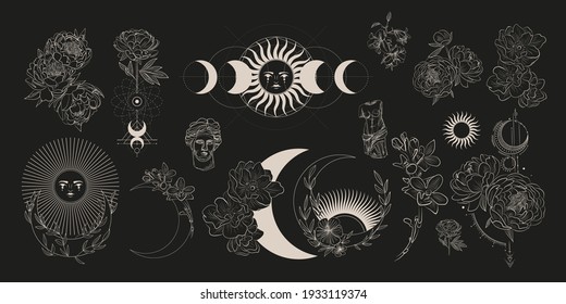 Ilustración vectorial de las fases de la luna. Diferentes etapas de actividad de la luna en estilo de grabado vintage. ramas de plantas y flores. geometría isotópica sagrada