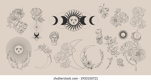 Vector illustration set of moon phases. Different stages of moonlight activity in vintage engraving style. branches of plants and flowers. sacred isoteric geometry