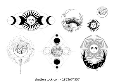 Vector illustration set of moon phases. Different stages of moonlight activity in vintage engraving style. branches of plants and flowers. sacred isoteric geometry