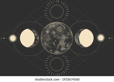 Vector illustration set of moon phases. Different stages of moonlight activity in vintage engraving style. branches of plants and flowers. sacred isoteric geometry