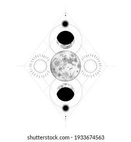 Vector illustration set of moon phases. Different stages of moonlight activity in vintage engraving style. branches of plants and flowers. sacred isoteric geometry