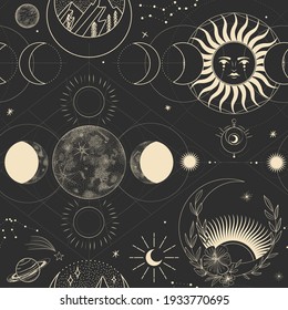 Vector illustration set of moon phases. Different stages of moonlight activity in vintage engraving style. branches of plants and flowers. sacred isoteric geometry