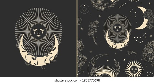 Vector illustration set of moon phases. Different stages of moonlight activity in vintage engraving style. branches of plants and flowers. sacred isoteric geometry