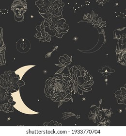 Vector illustration set of moon phases. Different stages of moonlight activity in vintage engraving style. branches of plants and flowers. sacred isoteric geometry