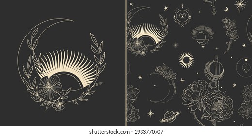 Vector illustration set of moon phases. Different stages of moonlight activity in vintage engraving style. branches of plants and flowers. sacred isoteric geometry