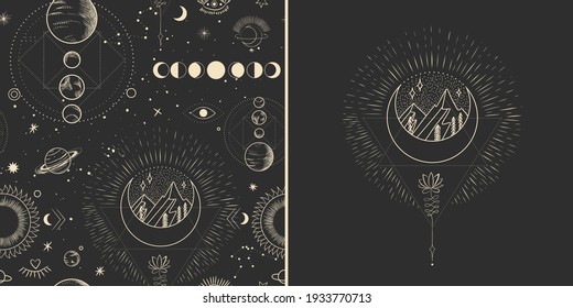 Vector illustration set of moon phases. Different stages of moonlight activity in vintage engraving style. branches of plants and flowers. sacred isoteric geometry