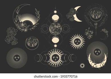 Vector illustration set of moon phases. Different stages of moonlight activity in vintage engraving style. branches of plants and flowers. sacred isoteric geometry