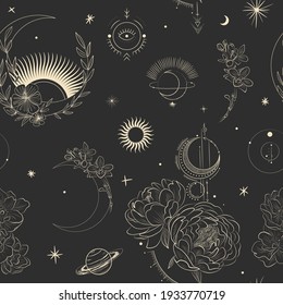 Vector illustration set of moon phases. Different stages of moonlight activity in vintage engraving style. branches of plants and flowers. sacred isoteric geometry