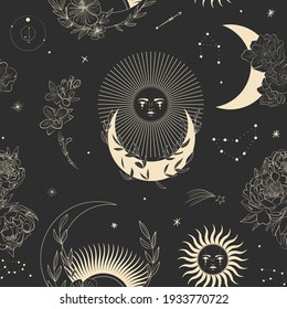Vector illustration set of moon phases. Different stages of moonlight activity in vintage engraving style. branches of plants and flowers. sacred isoteric geometry