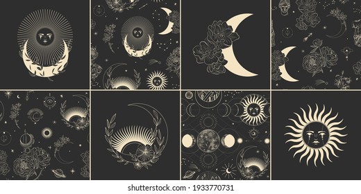 Ilustración vectorial de las fases de la luna. Diferentes etapas de actividad de la luna en estilo de grabado vintage. ramas de plantas y flores. geometría isotópica sagrada