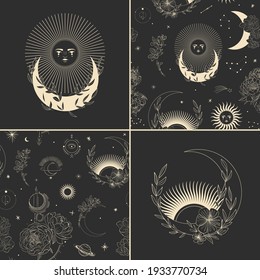 Vector illustration set of moon phases. Different stages of moonlight activity in vintage engraving style. branches of plants and flowers. sacred isoteric geometry