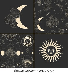 Vector illustration set of moon phases. Different stages of moonlight activity in vintage engraving style. branches of plants and flowers. sacred isoteric geometry