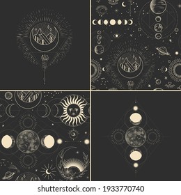 Vector illustration set of moon phases. Different stages of moonlight activity in vintage engraving style. branches of plants and flowers. sacred isoteric geometry