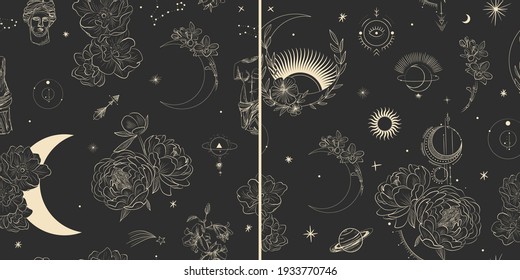 Vector illustration set of moon phases. Different stages of moonlight activity in vintage engraving style. branches of plants and flowers. sacred isoteric geometry