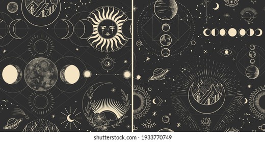 Vector illustration set of moon phases. Different stages of moonlight activity in vintage engraving style. branches of plants and flowers. sacred isoteric geometry