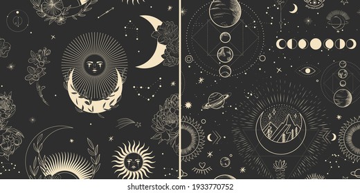 Vector illustration set of moon phases. Different stages of moonlight activity in vintage engraving style. branches of plants and flowers. sacred isoteric geometry