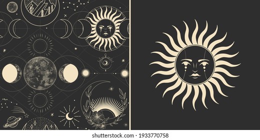 Vector illustration set of moon phases. Different stages of moonlight activity in vintage engraving style. branches of plants and flowers. sacred isoteric geometry