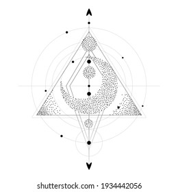 Vector illustration set of moon phases. Different stages of moonlight activity in vintage engraving style. branches of plants and flowers. sacred esoteric geometry