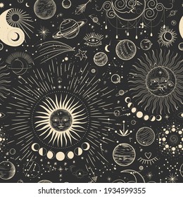 Vector illustration set of moon phases. Different stages of moonlight activity in vintage engraving style. Zodiac Signs