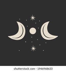 Vektorgrafik-Satz von Mondphasen. Unterschiedliche Stufen der Mondlicht-Aktivität im Vintage Gravierstil. Zodiac-Zeichen, glänzende Kristalle, weibliche Hand