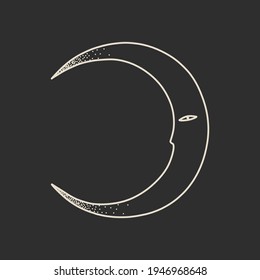 Ilustración vectorial de las fases de la luna. Diferentes etapas de actividad de la luna en estilo de grabado vintage. Señales de Zodiac, cristales brillantes, mano femenina
