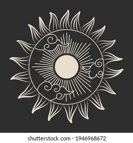 Ilustración vectorial de las fases de la luna. Diferentes etapas de actividad de la luna en estilo de grabado vintage. Señales de Zodiac, cristales brillantes, mano femenina
