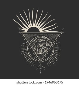 Vektorgrafik-Satz von Mondphasen. Unterschiedliche Stufen der Mondlicht-Aktivität im Vintage Gravierstil. Zodiac-Zeichen, glänzende Kristalle, weibliche Hand