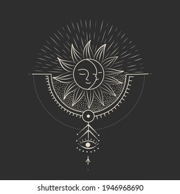 Vector illustration set of moon phases. Different stages of moonlight activity in vintage engraving style. Zodiac Signs, shining crystals, female hand