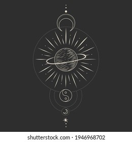 Vector illustration set of moon phases. Different stages of moonlight activity in vintage engraving style. Zodiac Signs, shining crystals, female hand