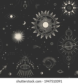 Ilustración vectorial de las fases de la luna. Diferentes etapas de actividad de la luna en estilo de grabado vintage. Señales de Zodiac, cristales brillantes, mano femenina