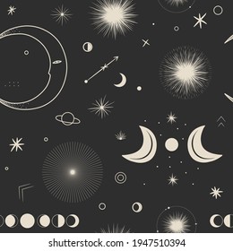 Vektorgrafik-Satz von Mondphasen. Unterschiedliche Stufen der Mondlicht-Aktivität im Vintage Gravierstil. Zodiac-Zeichen, glänzende Kristalle, weibliche Hand