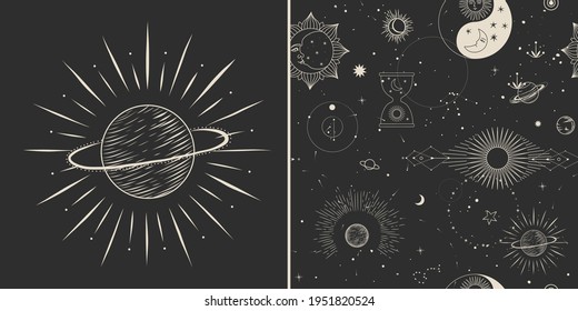 Vector illustration set of moon phases. Different stages of moonlight activity in vintage engraving style. Zodiac Signs