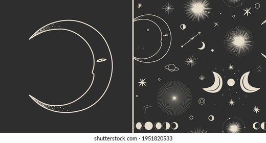 Vector illustration set of moon phases. Different stages of moonlight activity in vintage engraving style. Zodiac Signs