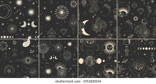 Vector illustration set of moon phases. Different stages of moonlight activity in vintage engraving style. Zodiac Signs