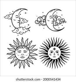 Vector illustration set of moon phases. Sun with the moon on a White background. Esoteric vector