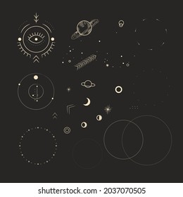 Vector illustration set of moon phases. Different stages of moonlight activity in vintage engraving style. Zodiac Signs, shining crystals, female hand