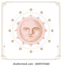 Vector illustration set of moon phases. Different stages of moonlight activity in vintage engraving style. Zodiac Signs, shining crystals, female hand