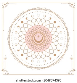 Vektorgrafik-Satz von Mondphasen. Unterschiedliche Stufen der Mondlicht-Aktivität im Vintage Gravierstil. Zodiac-Zeichen, glänzende Kristalle, weibliche Hand