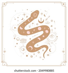 Vector illustration set of moon phases. Different stages of moonlight activity in vintage engraving style. Zodiac Signs, shining crystals, female hand