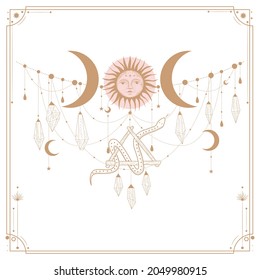 Ilustración vectorial de las fases de la luna. Diferentes etapas de actividad de la luna en estilo de grabado vintage. Señales de Zodiac, cristales brillantes, mano femenina