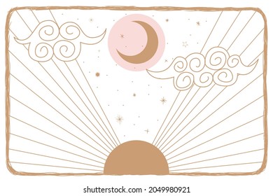 Vector illustration set of moon phases. Different stages of moonlight activity in vintage engraving style. Zodiac Signs, shining crystals.