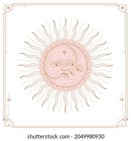 Ilustración vectorial de las fases de la luna. Diferentes etapas de actividad de la luna en estilo de grabado vintage. Señales de Zodiac, cristales brillantes, mano femenina