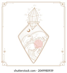 Vektorgrafik-Satz von Mondphasen. Unterschiedliche Stufen der Mondlicht-Aktivität im Vintage Gravierstil. Zodiac-Zeichen, glänzende Kristalle, weibliche Hand