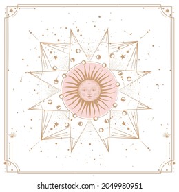 Vector illustration set of moon phases. Different stages of moonlight activity in vintage engraving style. Zodiac Signs, shining crystals, female hand