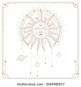 Vektorgrafik-Satz von Mondphasen. Unterschiedliche Stufen der Mondlicht-Aktivität im Vintage Gravierstil. Zodiac-Zeichen, glänzende Kristalle, weibliche Hand