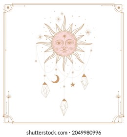 Vektorgrafik-Satz von Mondphasen. Unterschiedliche Stufen der Mondlicht-Aktivität im Vintage Gravierstil. Zodiac-Zeichen, glänzende Kristalle, weibliche Hand